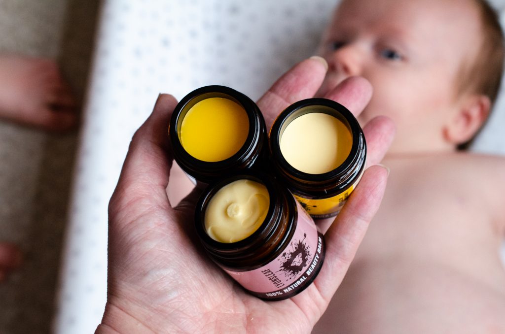 Textures of all three items in the Lyonsleaf Mum & Baby Skincare Survival Kit
