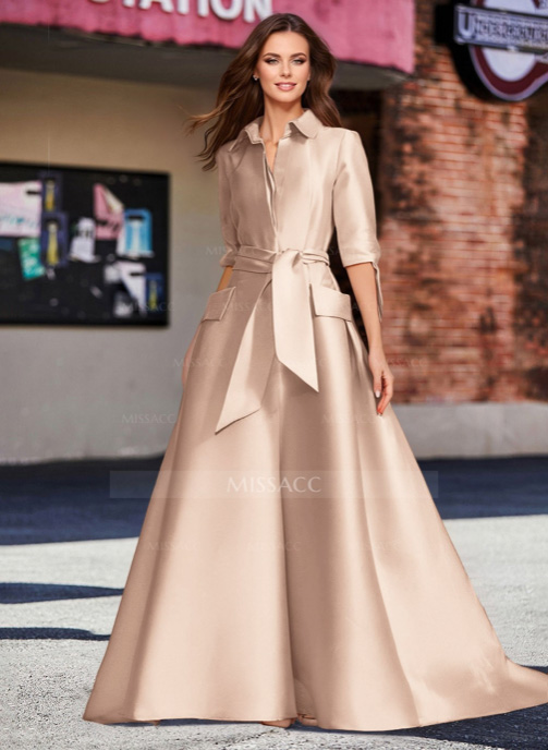 A-Line V-Neck Satin Dresses with a Sash