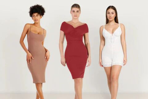 Three ladies wearing shapewear dresses