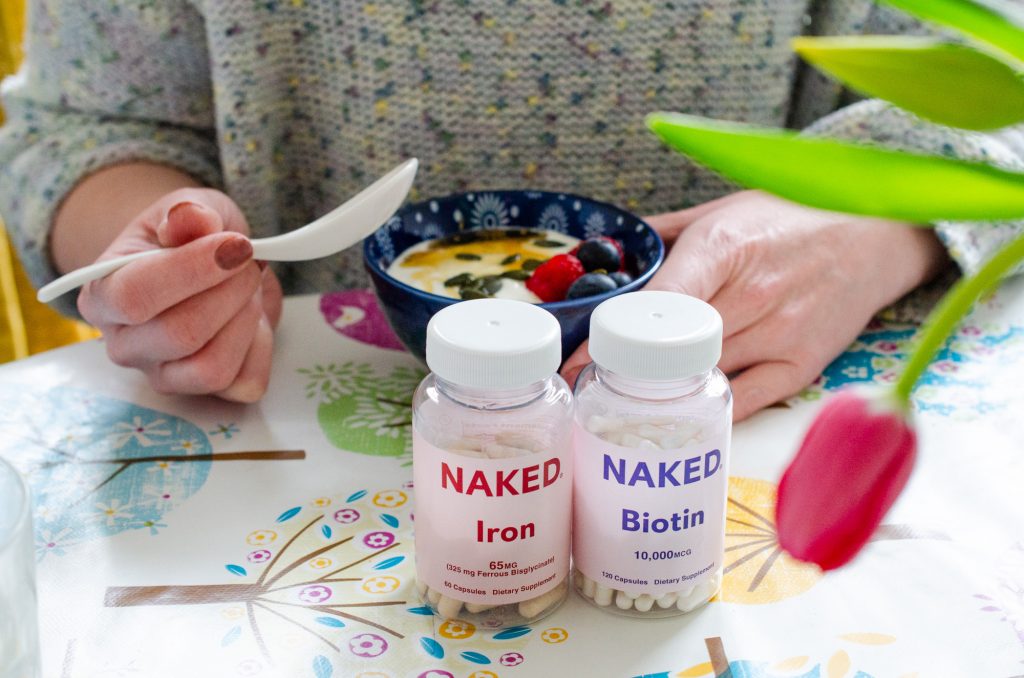 Eating breakfast and about to take Naked Nutrition Iron & Biotin